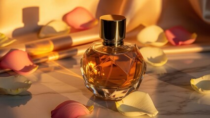 Luxurious perfume bottle on marble with rose petals and makeup