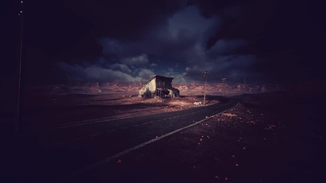 abandoned house on stormy road night, lonely farmhouse bathed in ember glow, heavy thunderclouds rolling over horizon, cracked asphalt and scattered debris,