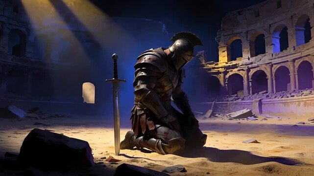 Knight Kneeling in Ancient Ruins with Sword in Spotlight.