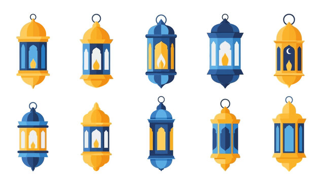 Symmetrical Set of Flat Design Ramadan Lanterns in Blue and Yellow Tones