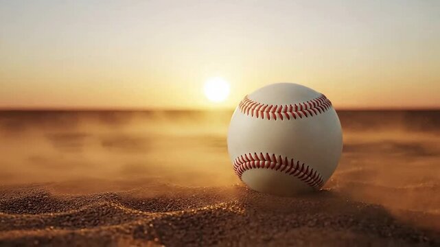 Baseball resting on a sandy field during a warm sunset, creating a serene scene.