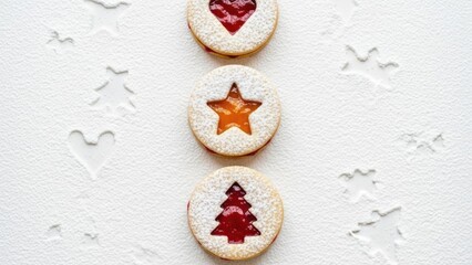 Festive Christmas cookies with jam and powdered sugar