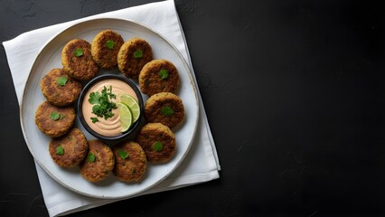 Shami Kabab or Meat Cutlets with Dipping Sauce on Black Background Top View