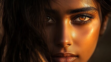 Radiant Beauty: A close-up shot of a stunning young woman. Her dark hair cascades, casting shadows. The woman gazes intensely into the camera.