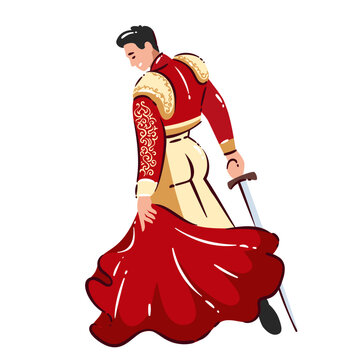 Spanish matador holding red cape and sword, traditional bullfighter costume with embroidered jacket and flowing fabric, simple cartoon doodle style. Bullfighting matador figure. Vector illustration.