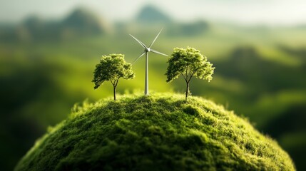 Sustainable Future: A visual representation of a clean energy future, a vibrant green hill is crowned with a modern wind turbine and two flourishing trees.