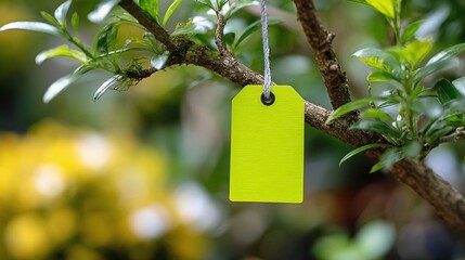 A vibrant green tag hangs delicately from a tree branch amidst lush foliage, presenting a striking contrast between the manufactured and the organic.