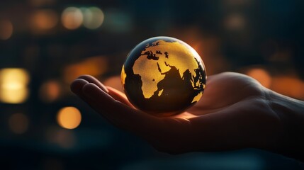 Earth in Hand: A single hand cradles a glowing globe, symbolizing the care and responsibility we have for our planet, the image evokes a sense of hope and the importance of environmental conservation.