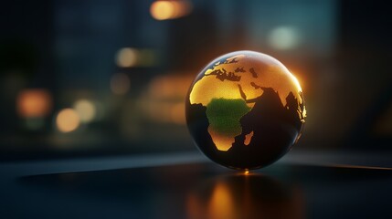 Golden Globe: A stunning, luminous golden globe of planet earth floats serenely against an atmospheric, out-of-focus backdrop. A captivating visual for global concepts.