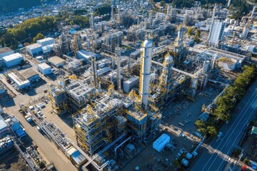Aerial view of a sprawling industrial refinery with numerous pipes and towers. Illustrates heavy industry, energy production, and global supply chains.