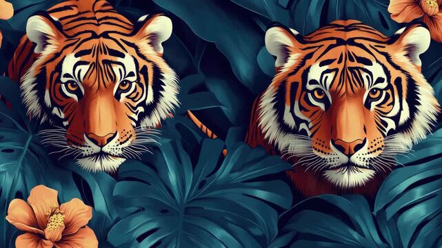 Double of tiger looking at camera among green foliage and flowers.