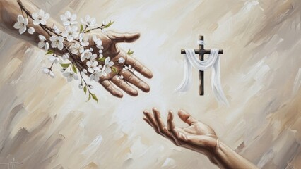 Symbolic hands reaching for connection with cherry blossoms and cross