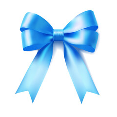 Blue satin ribbon bow with long V cut tails isolated on white realistic gift decoration for birthday wedding packaging