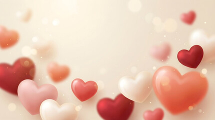 Soft pastel Valentine hearts bokeh on beige background with copy space, romantic banner template
