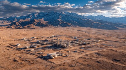 Aerial view of a large industrial plant in a vast desert landscape. Perfect for depicting energy infrastructure, resource extraction, and environment.