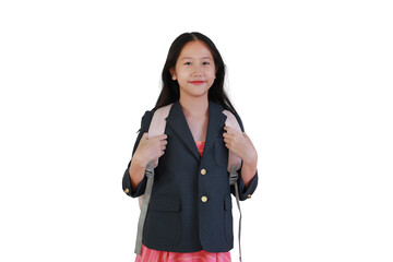 Portrait of happy young Asian girl in school uniform blazer with a backpack, ready for her first day of school, isolated on white background.