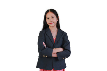 A confident young Asian girl in professional dark blazer standing with her arms crossed and smiling at the camera.