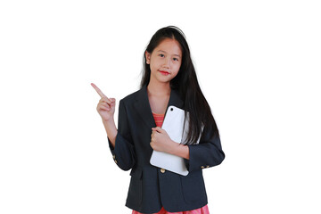 Smart young Asian student girl in professional dark blazer holding digital tablet and pointing her finger upwards to present an idea, isolated on white background.