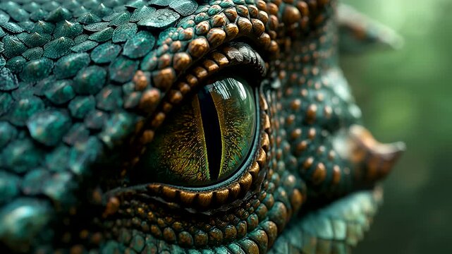 Extreme close up of reptile eye with detailed green scales and textured skin surface