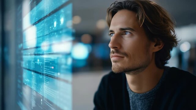 A thoughtful professional observes a transparent screen displaying digital data and programming code, representing advanced technology trends. The scene captures innovation and future focused work