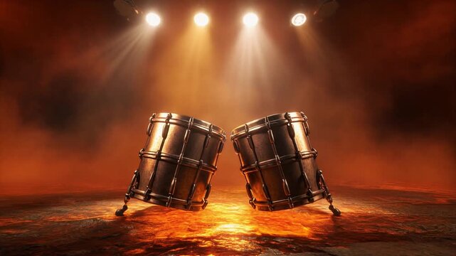 Pair of gleaming metallic snare drums positioned on a rugged stage floor illuminated by dramatic warm lighting and spotlight flares for a concert