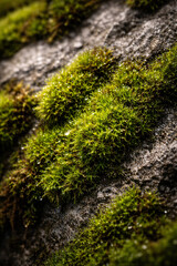 Green moss growing on rough gray rock texture in forest, macro close up of natural plant lichen on stone surface, organic environment detail and wet botany concept for ecology and nature background