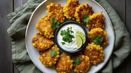 Crispy Sweet Corn Fritters with White Dipping Sauce and Cilantro on Plate Top View