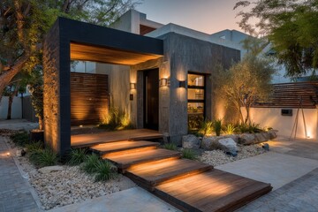 Stylish house entrance, warm lights illuminate wooden path and landscaping. Showcases modern architecture, exterior design, and sophisticated outdoor lighting.