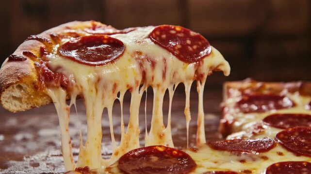 A tantalizing close-up of a pepperoni and cheese pizza, showcasing the gooey cheese and flavorful toppings.