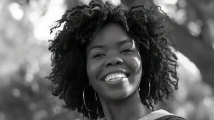 Smiling woman with curly hair, outdoor setting with natural light, expressive emotion conveyed through facial expression.