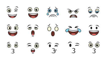 Assorted Cartoon Faces Showing Various Emotions and Expressions.