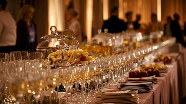 Elegant banquet table setup with glassware desserts and warm lighting at formal event