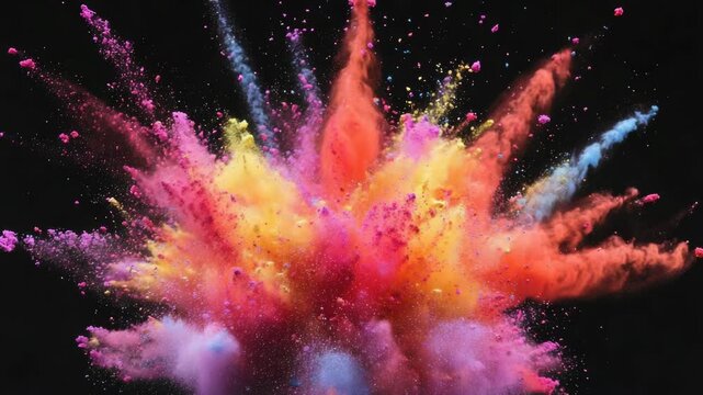 Vibrant burst of fireworks, rainbow colors against dark background