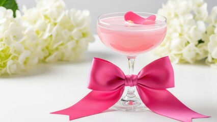Elegant pink cocktail with rose petal garnish and bow