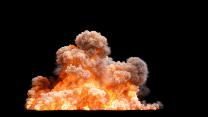 Isolated large explosion with a bright orange and yellow flame at the base surrounded by dense white smoke rising into the air on a black background