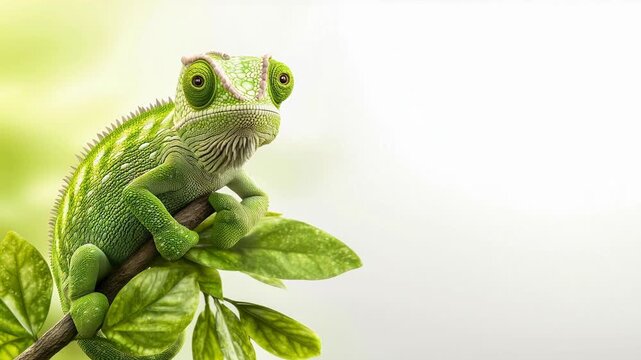 Green chameleon reptile perched leafy branch with detailed textured skin and large eyes vibrant natural wildlife environment close up animal portrait