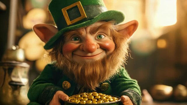 An animated leprechaun in a green hat and clovers, celebrating St. Patrick's Day with a pot of gold.