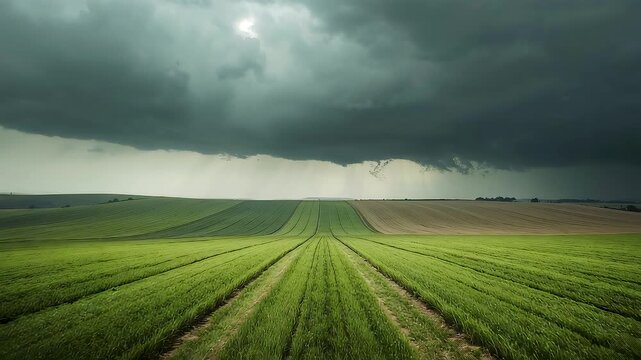 Green agricultural field with parallel crop rows beneath dark storm clouds on flat horizon