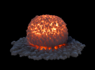 Isolated large glowing orange start of Nuke explosion surrounded by a dark smoky area on a black background