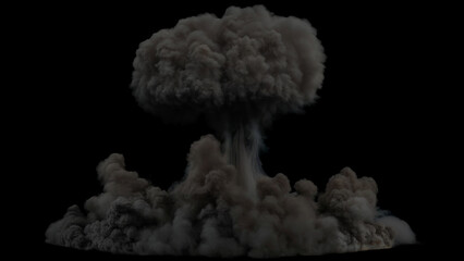 Isolated large mushroom-shaped cloud of smoke from a powerful nuclear explosion on a black background