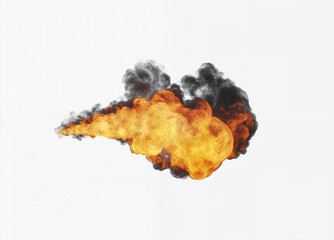 Isolated fire with a large vibrant orange flame and dark smoke billowing out from its sides on a white background