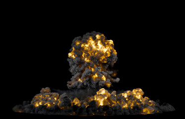 Isolated huge nuclear explosion with large dark plume of smoke rising up and spreading outwards and bright flashes of light on a black background