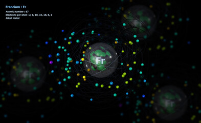 Atom of Francium with detailed Core and its 87 Electrons with Atoms in background