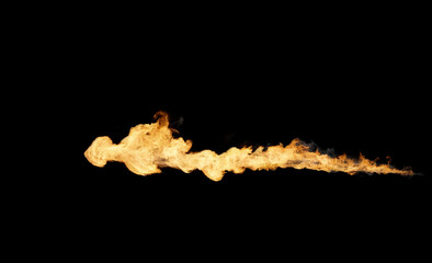 Isolated trail like a thrower of intense Yellow Flames moving fast horizontally on a black background