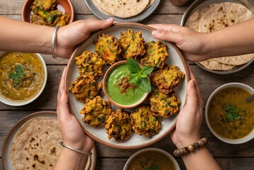 Top View of Hands Sharing Traditional Indian Pakora Snack with Green Chutney and Roti