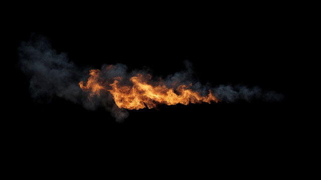 Isolated fire with orange flames and black smoke spreading horizontally across the image on a black background