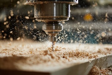 Automated CNC router carves wood, showering fine sawdust and chips. Ideal for showcasing industrial automation, production, and woodworking.