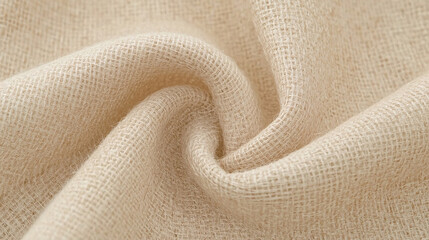 Natural beige linen fabric texture background with soft folds, macro close up of rough woven cloth material surface, neutral organic textile pattern and blank canvas detail for fashion design concept