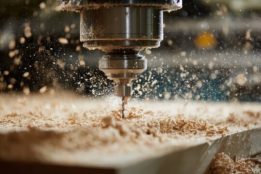 Automated CNC router carves wood, showering fine sawdust and chips. Ideal for showcasing industrial automation, production, and woodworking.