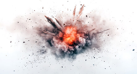 Explosive military style explosion on white background creates dramatic visual impact, showcasing fiery colors and debris